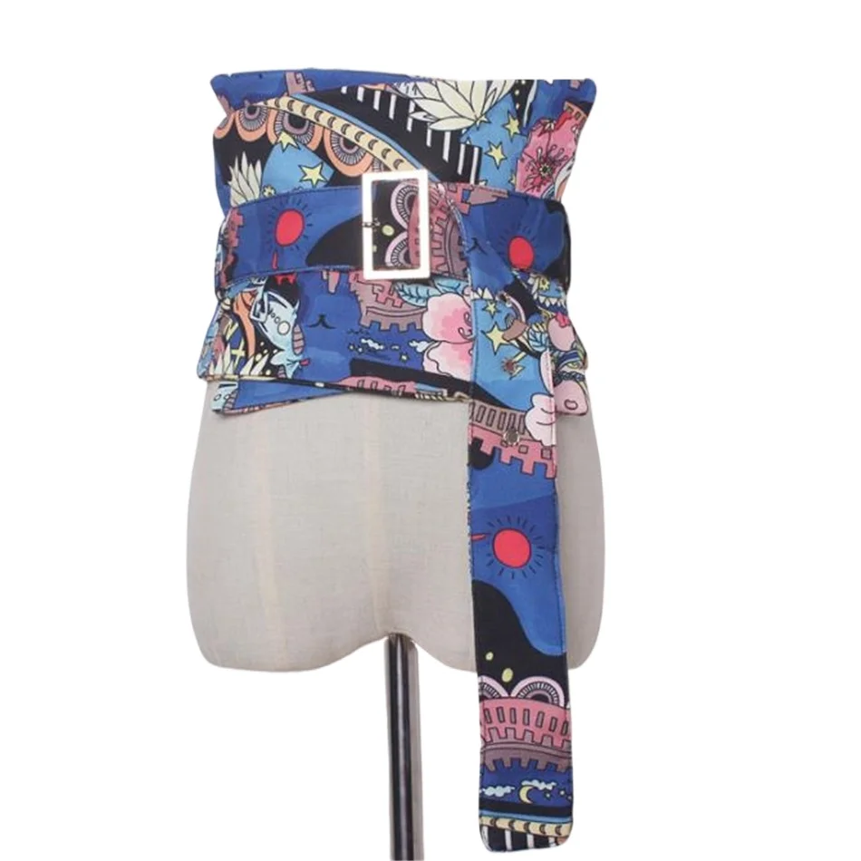 

Синий очень широкий пояс-кумербанд для женщин, пояс для джинсов с принтом, корсетный пояс с пряжкой, модный дизайнерский пояс для платьев, обхватывающий талию