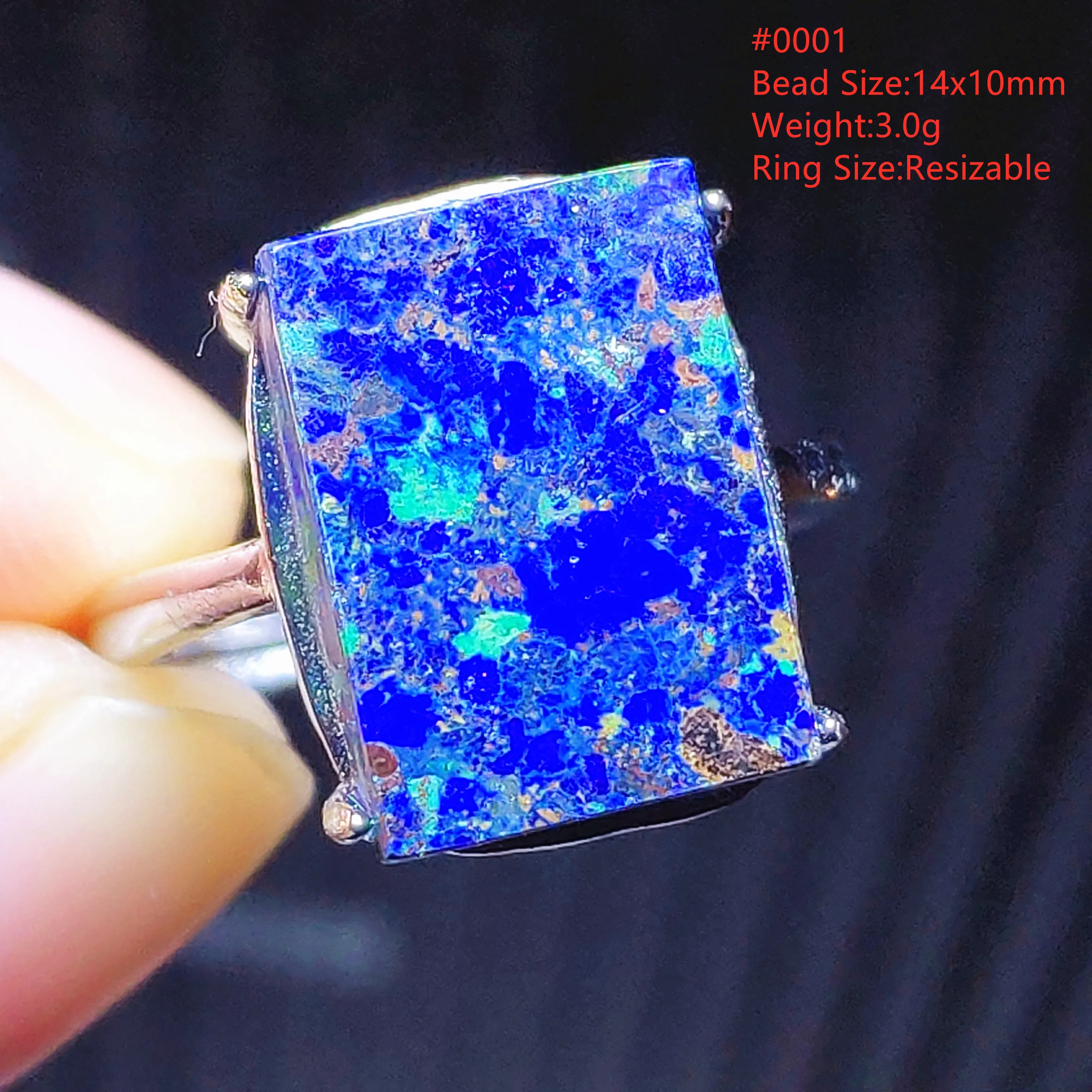 Genuine Natural Blue Azurite Malachite Lapis Lazuli Bead Adjustable Rectangle Ring 925 Silver Women Men Azurite Ring AAAAAA