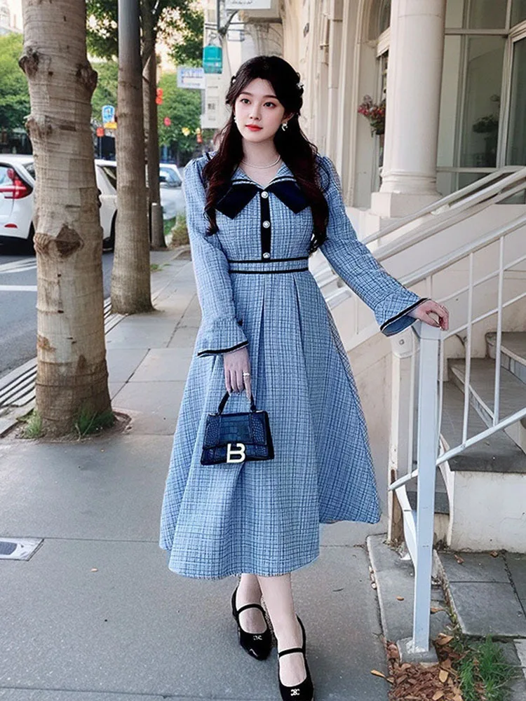 150 kg plus size dames buste 149 herfst retro kleine geurige stijl taille cinching lange mouwen revers jurk 5XL 6XL 7XL 8XL 9XL