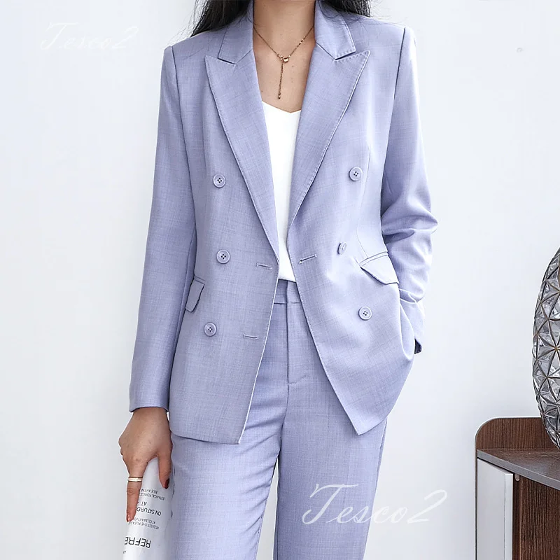 Tesco Purple Women's Suit Long Sleeve Jacket+Pants Casual Business Outfits Female Pant Sets Fashion Office Suit 2024