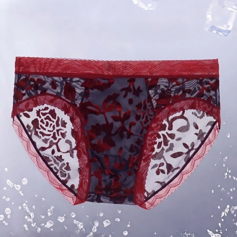 Men's Lace Briefs Underwear Bulge Pouch Transparent Flocking Printing Panties