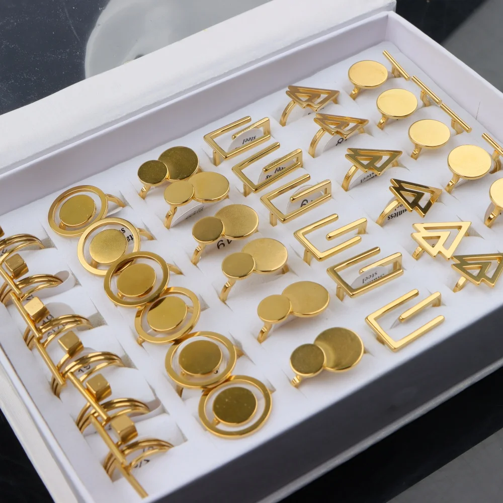8/12/24/36Pcs Fashion Stainless Steel Minimalist Rings Set For Women Geometric Triangle Square Hollow Mix Jewelry Daily Gifts