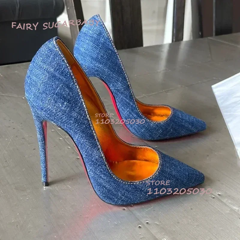 

Denim Blue Cloth Gold Pump Women Sexy Pointed Stiletto Sandals Girls 10/12Cm Summer Sandals Party Dress Patchwork Casual Shoes