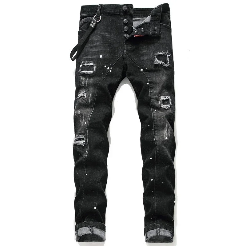 Ltalian High Street Style Denim Pants Men Black Ripped Denim Jeans Holes Jeans High Quality Male Slim Fit Denim Trousers Size 38