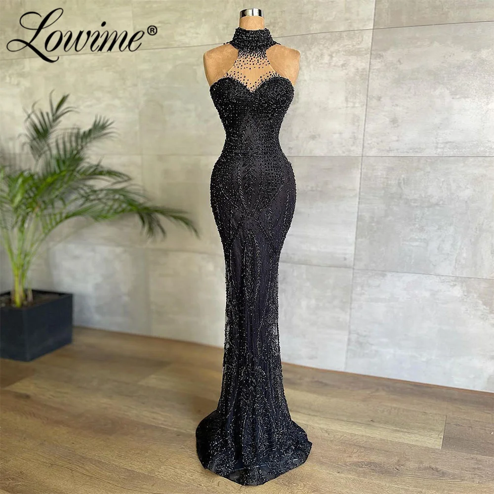 

Lowime Beaded Black 2022 Mermaid Prom Gowns Long Mermaid Party Dress High Neck Formal Evening Dress for Women Robe Festa Vestido