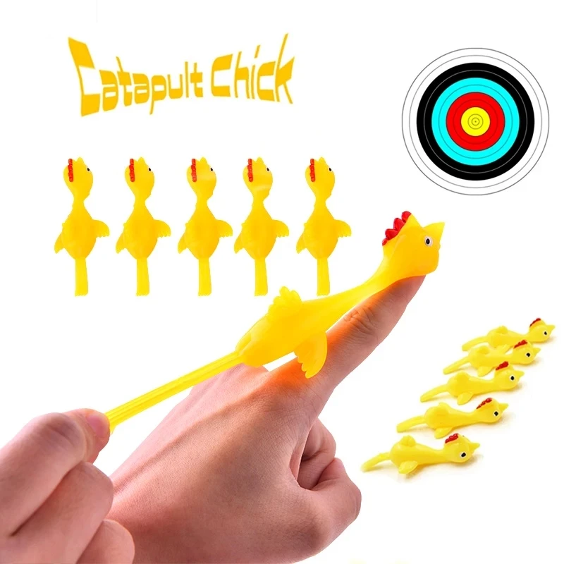 5-20pcs Novelty Catapulted Ejection Chicken Toy Light Rubber Finger Prank Flying Toy Slingshot Chicken Finger Toys Turkey Sticky