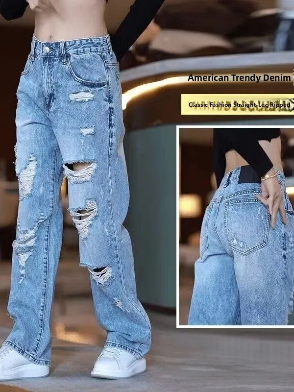 

American High Street Men's Jeans Summer New Loose Straight Legwear Ripped Casual Style Blue Denim mid Waist No Ironing Needed
