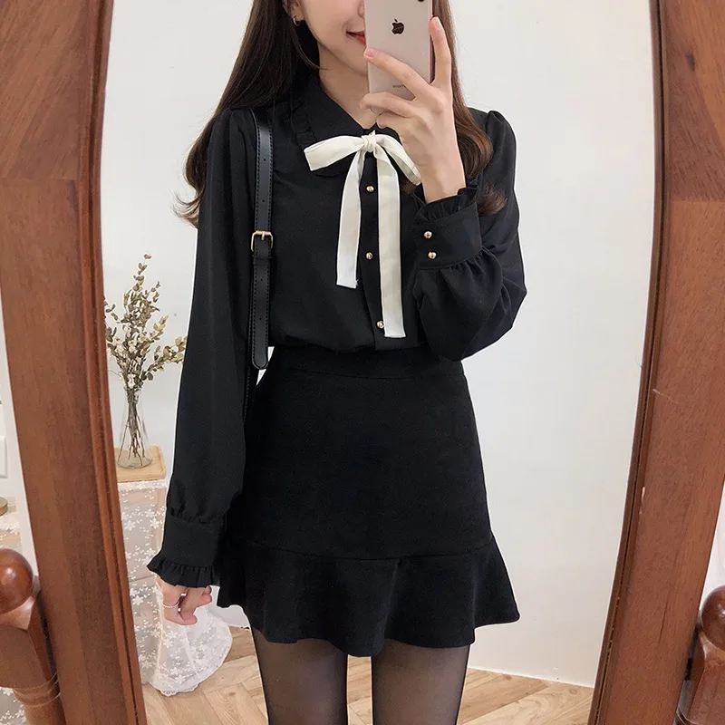 2023 Hot Sales Women\'s Cute Sweet Girls Vintage Black White Lace-Up Ruffled Ribbon Tops Button Elegant Formal Shirts Blouses