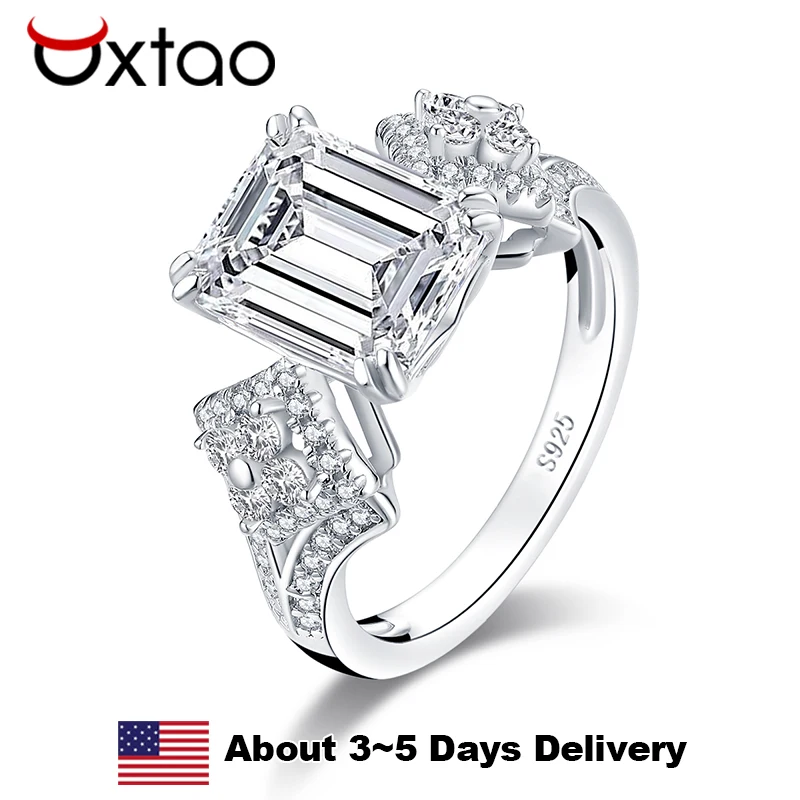 

OXTAO Emerald Cut Main Stone Engagement Ring Sparkling Zircon 925 Sterling Silver Unique Wedding Ring Jewelry Gifts for Women