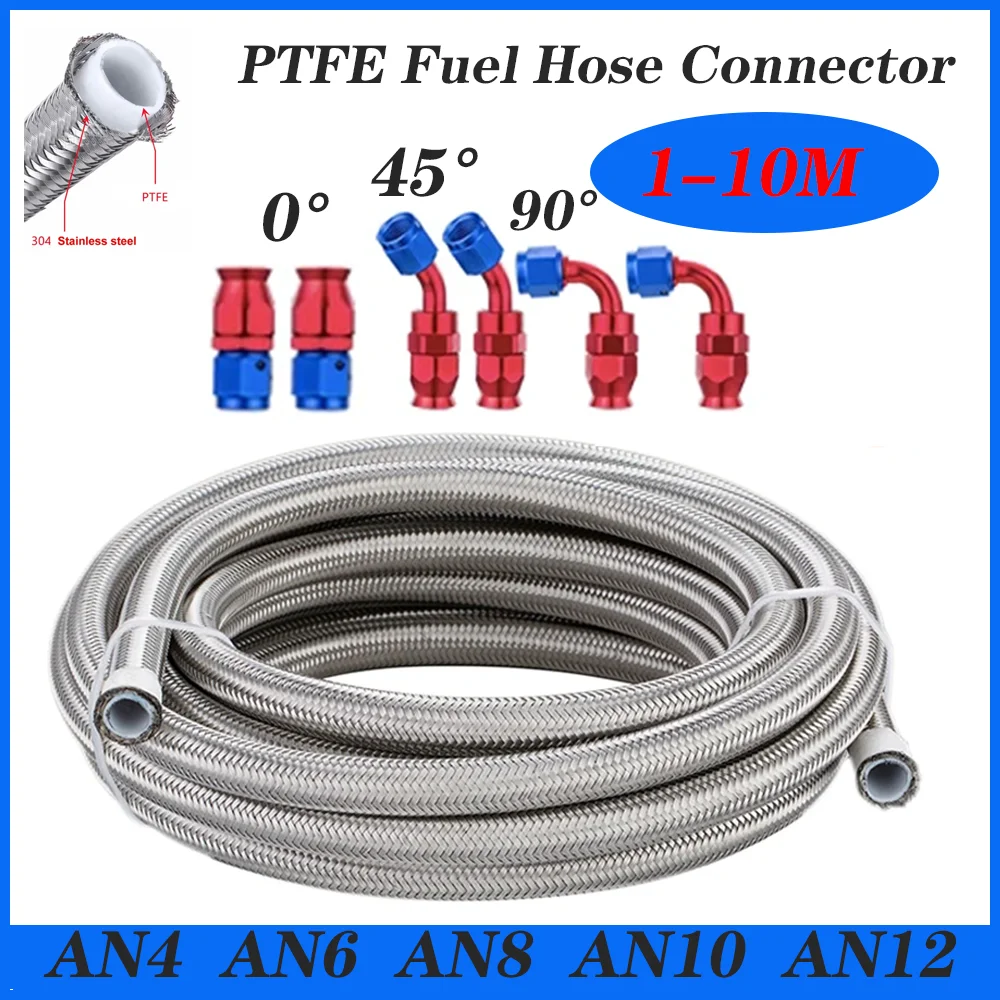 

1-10 AN4 AN6 AN8 E85 Stainless Steel PTFE Fuel Hose Oil Gas Cooler Line Pipe Tube 0°45° 90° Swivel Hose End Fittings Adaptor