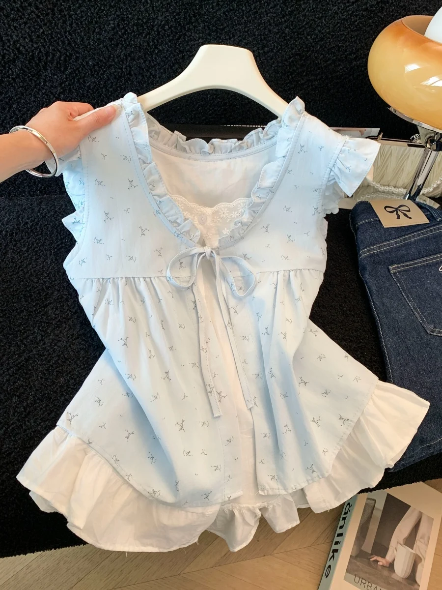 

Blue Floral Lace Trim Short Sleeve Shirt Women's Summer Sweet Anti-Aging Fake Two-Piece Belly Covering Doll Shirt