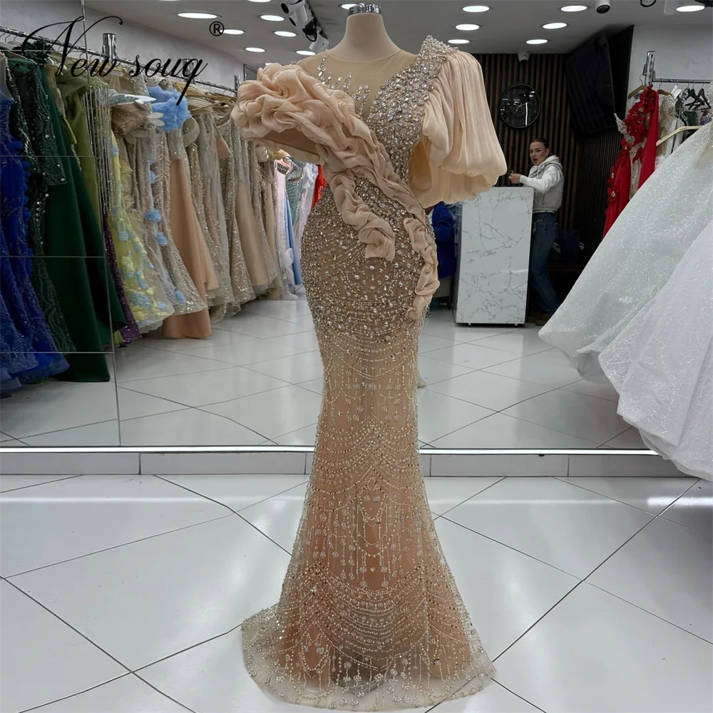

Dubai Champagne Long Cocktail Dresses Elegant Arabic Ruffles Beading Evening Dress Customized Weddig Guest Gowns Party Dress