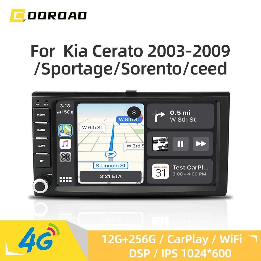 Car Multimedia Player Android 14.0 CarPlay GPS Navigation 4G WiFi RDS Stereo Car Radio for Kia Cerato Sportage Sorento 2003-2009