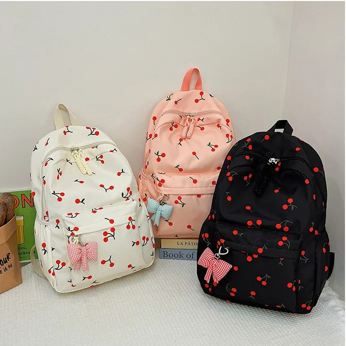 New Womens Cute Cherry Print Backpack Set with Lunch Bag Case Large Capacity School Bag Casual Travel Backpack for Students