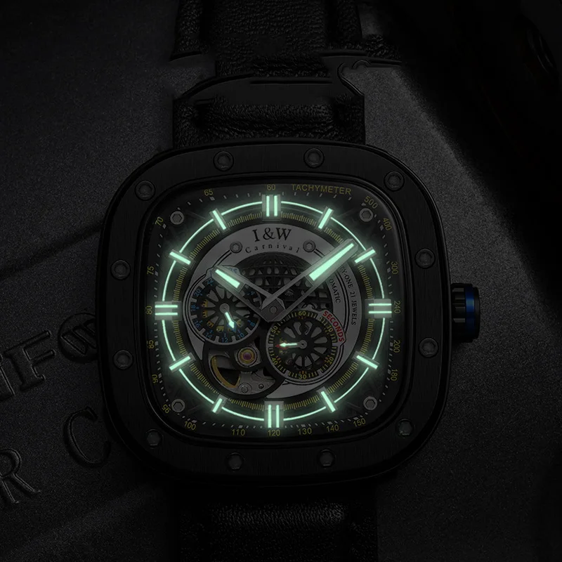 I&W ผู้ชายนาฬิกาอัตโนมัติสแควร์หรูหรานาฬิกานาฬิกาข้อมือแฟชั่น Sapphire Luminous Skeleton 50M กันน้ํา Punk