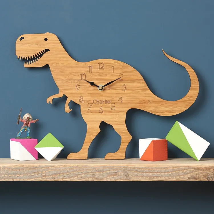 

Forest theme bamboo wooden cartoon dinosaur wall clock room Tyrannosaurus rex wooden animal wall clock quartz clock