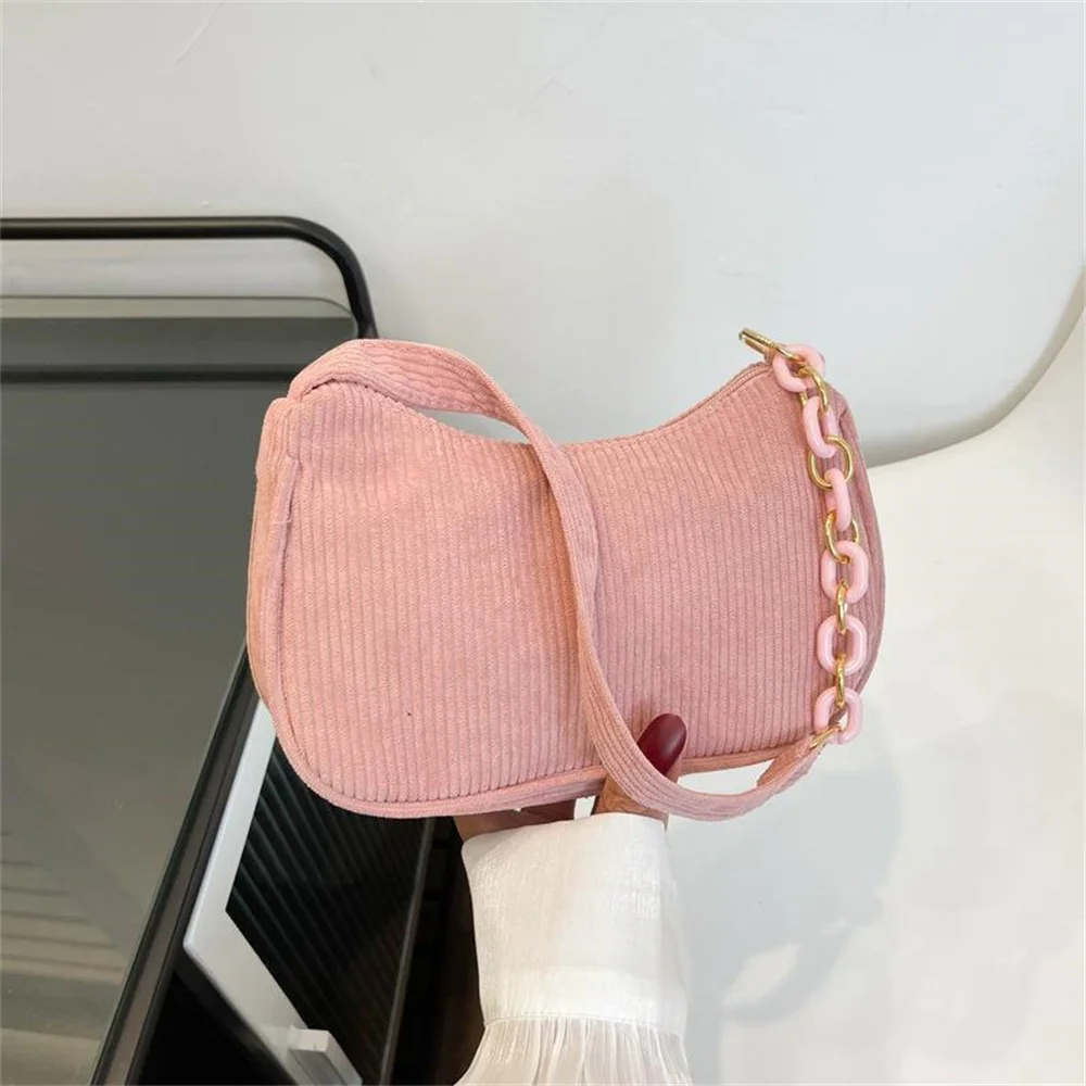 Mode Vintage Vrouwen Handtassen Corduroy Onderarm Tas Casual Vrouwen Schoudertassen Effen Kleur Rits Vrouwelijke Handtas Clutch