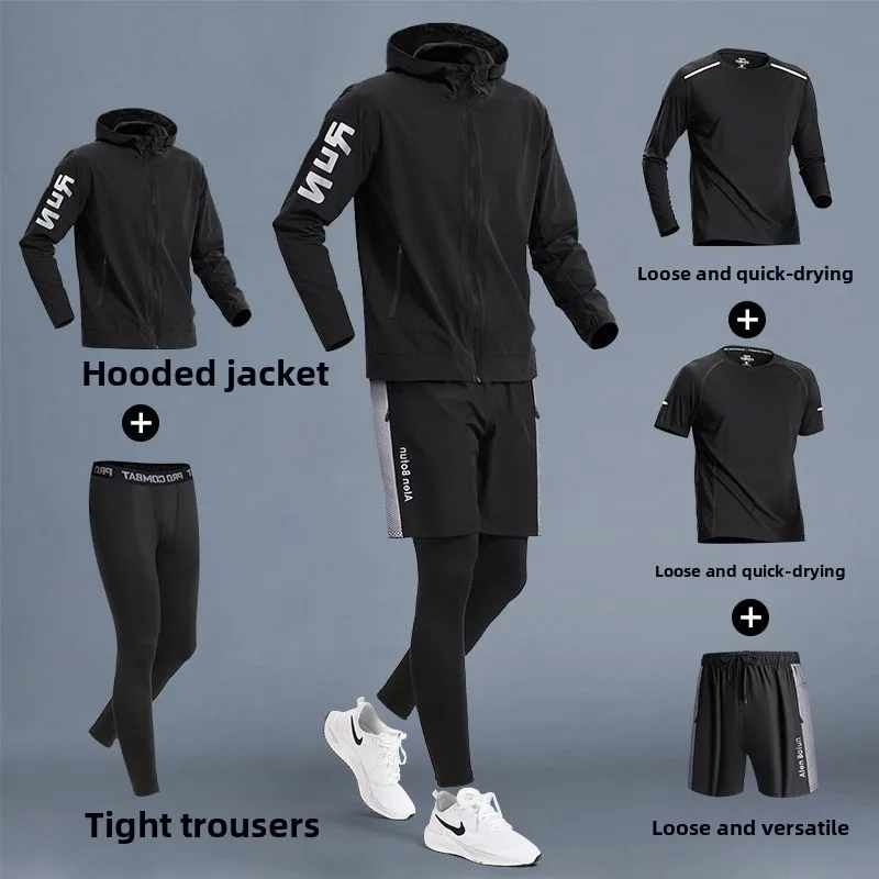 5pcs Mens Sweatsuits Set Running Suit Running Quick Drying Short Sleeves Training Cycling Windproof Fitness Clothes for Men