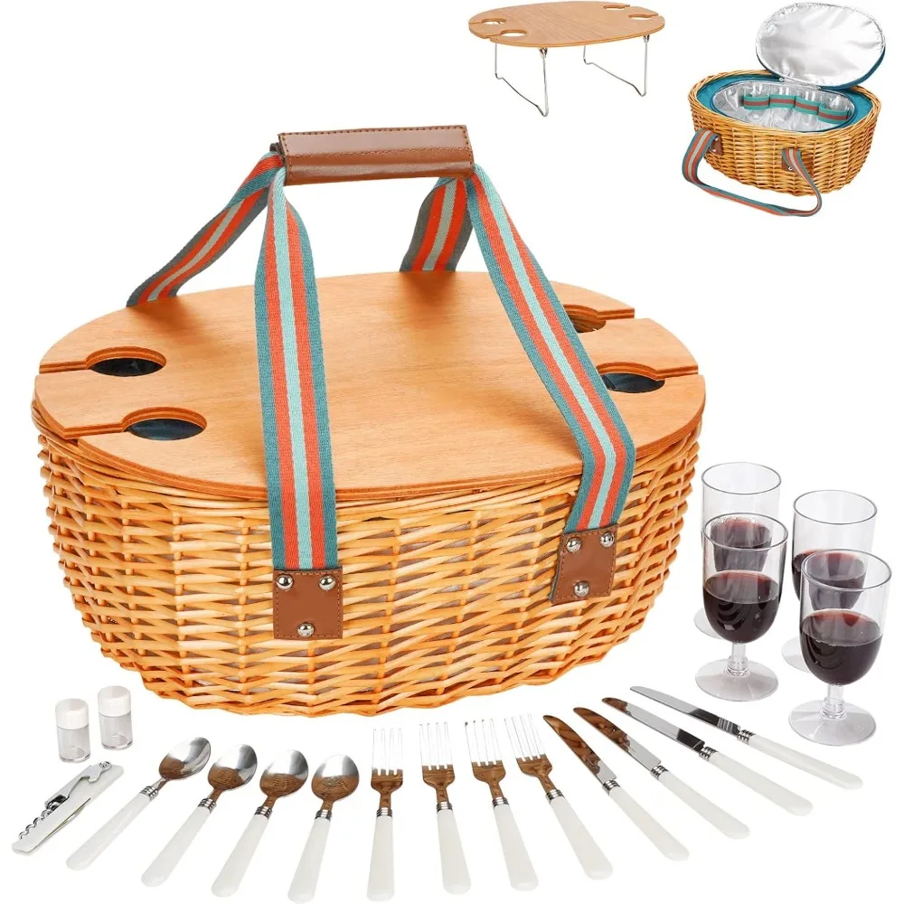 

Picnic Basket for 4 - Wicker Basket Set with Wine Table | Handmade Willow Basket with Insulated Cooler Bag