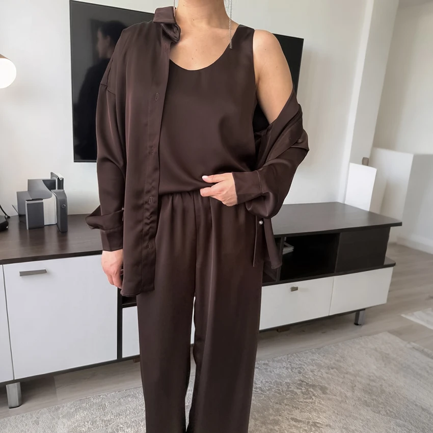 HiLoc Yellow Casual Pajamas 3 Piece Long Sleeve Lapel Single-Breasted Coat Sleeveless Vest Top Elastic Waist Full Length Pants