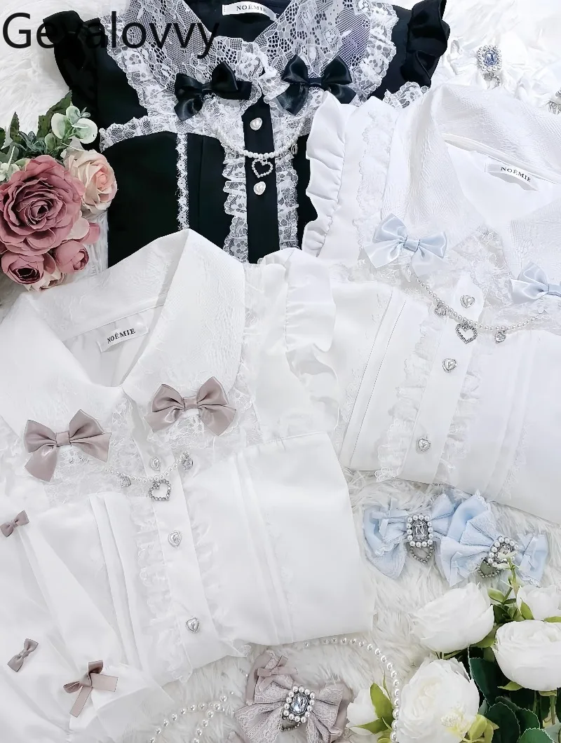 

Новинка 2026: Блузка для девочек с жемчугом, кружевом и бантиками, массовое производство, легко сочетается, с отложным воротником, длинными рукавами