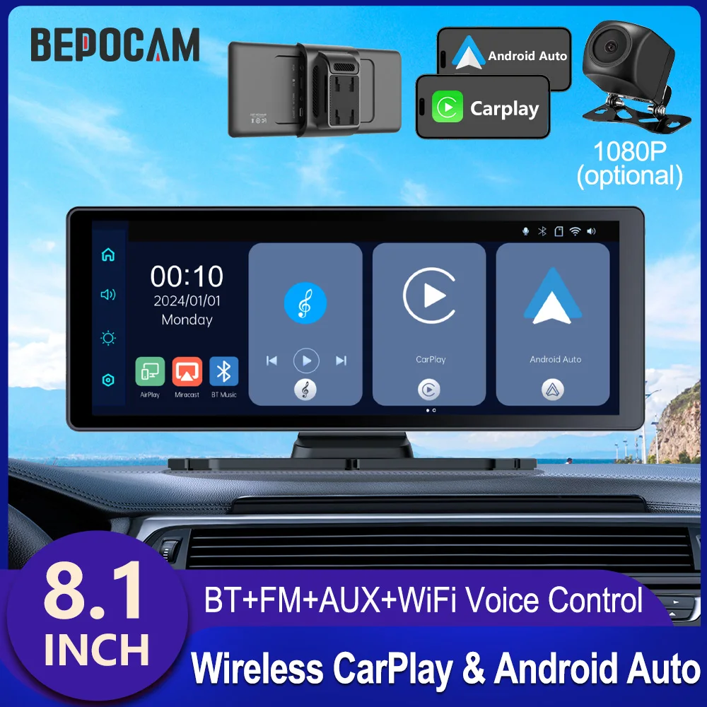 

BEPOCAM 8.1" Portable Car Player Mirrorlink BT FM WIFI GPS Navigation Car Stereo Wireless Carplay IOS Android Auto Multimedia