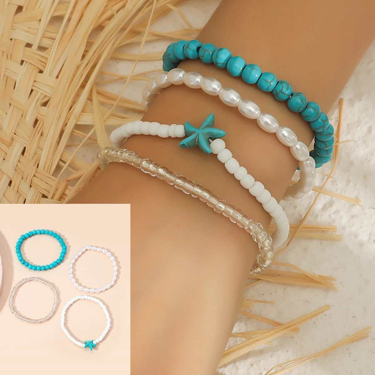 4Pcs/Set Women Fashion Bohe Glass Rice Beads Acrylic Turquoise Starfish Pendant Bracelet for Women Summer Beach Jewelry Gifts