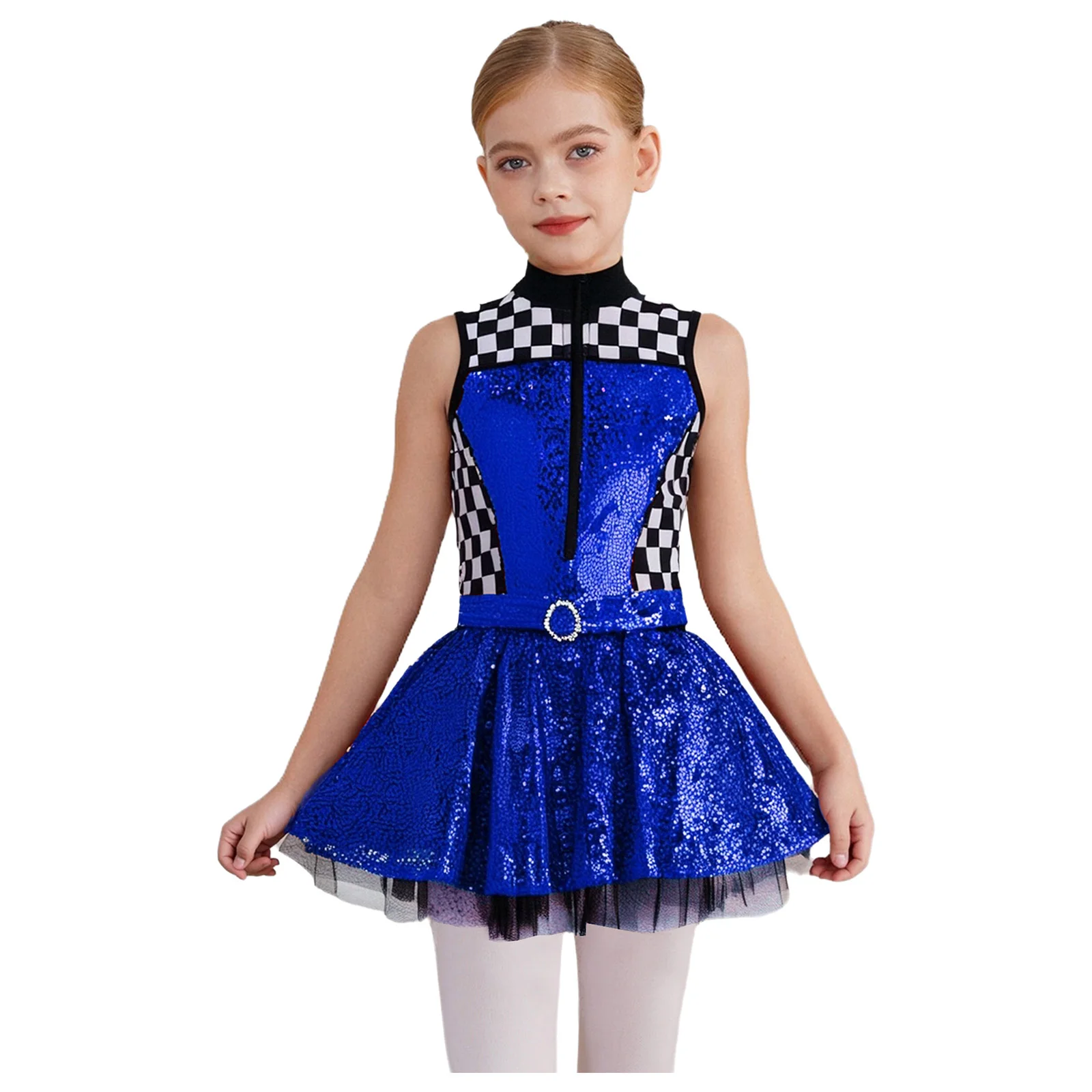 

Girls Sequin Race Car Driver Costume Rhinestone Ballet Tutu Leotard Dress Checkerboard Sleeveless Mock Neck Puffy Dress Jumpsuit