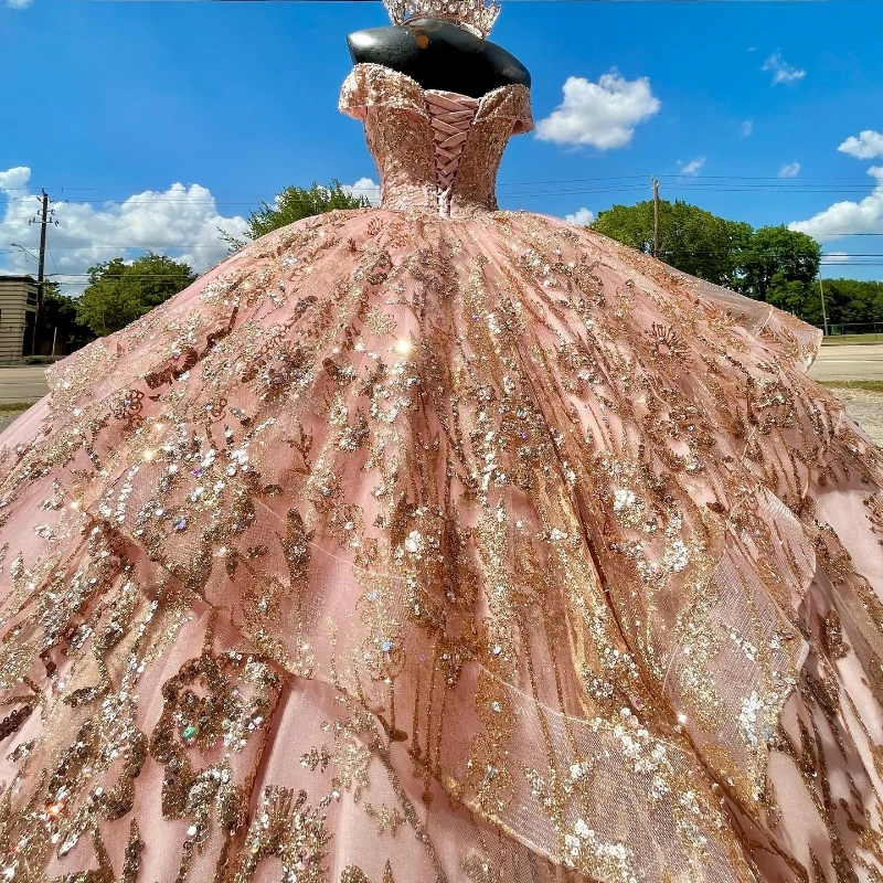 Quinceanera rosa princesa roxa do vestido de baile no ombro, doce 16 miçangas, apliques dourados, renda, 15 ° vestido de festa, 2024