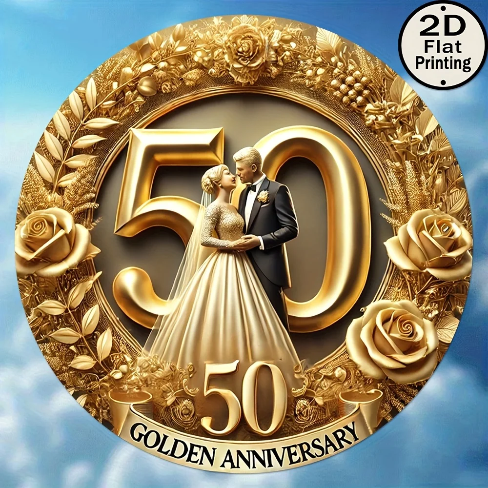 2D Metal Sign 50th Golden Wedding Anniversary Vintage Couple Floral Gold Foil Tin Plaque Romantic Home Decor Gift For Parents