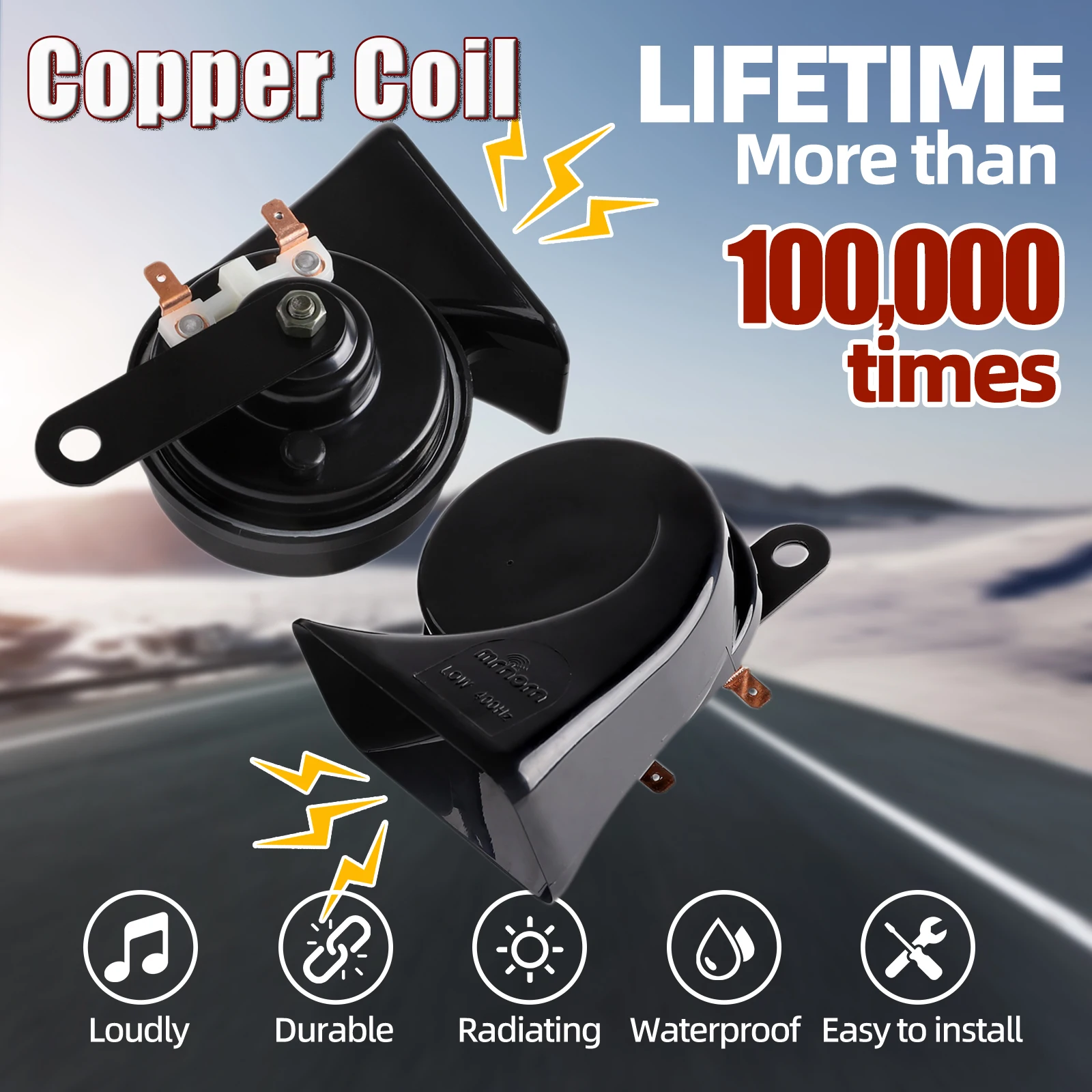

12V Black Snail Horn 129dB Super Loud High Low Tone Waterproof 2PCS Copper Coil Car Horn for Truck Car Motorcycle, 100000 Times