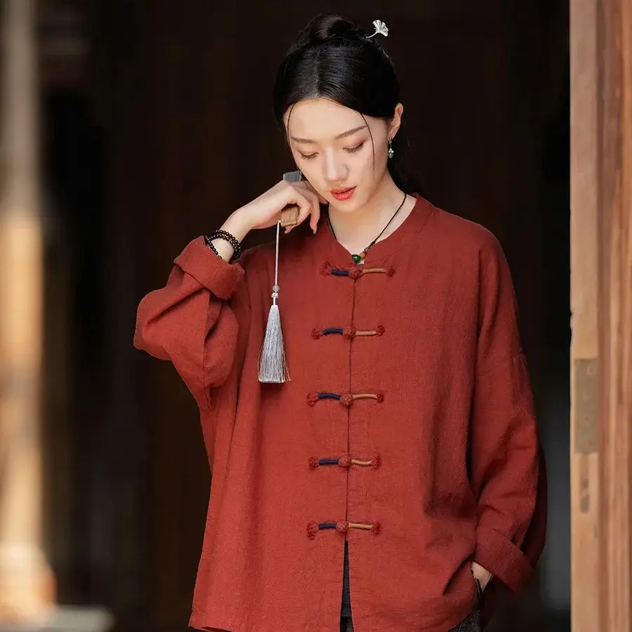 

Женский винтажный однотонный топ из хлопка и льна в китайском стиле с застежкой на пуговицах, женский кардиган рами в стиле дзен