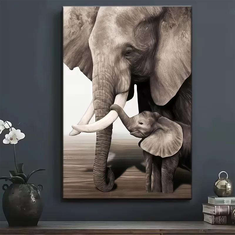 Art Deco Modern Elephant Mother and Youngsters Canvas Oil Painting Print Poster, Wrapped Pine Wood Frame Wall Hanging Decor for