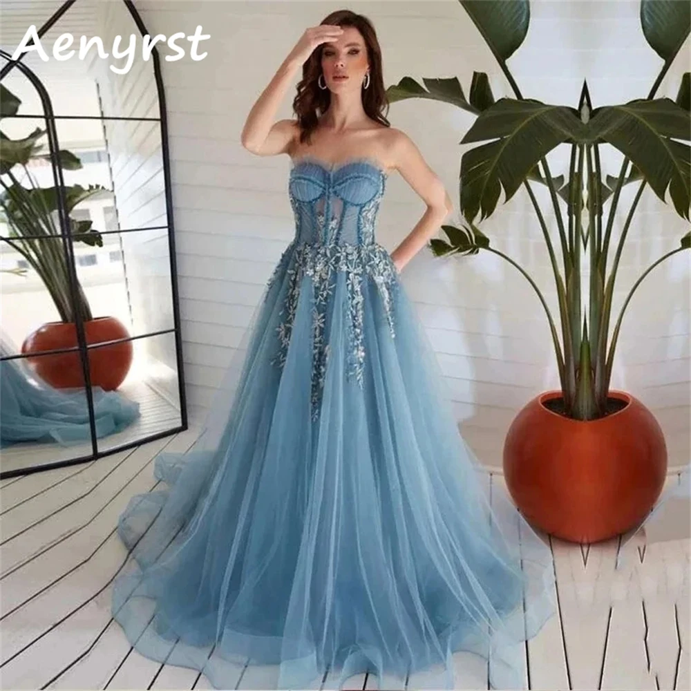 

Aenyrst Elegant Sweetheart Appliques Prom Dresses A Line Tulle Evening Gowns Floor Length Dinner Party Dress Blue فساتين السهرة