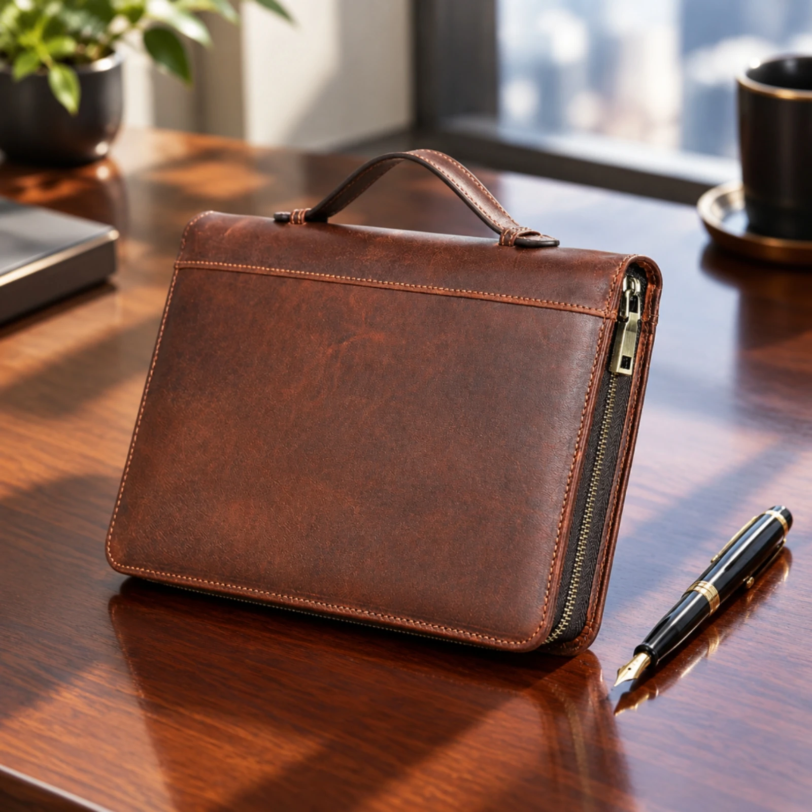 Brown Leather A5 Notebook Cover with Zip-Around Closure Long-Lasting Leather Journal Cover with Pen Holder Compact