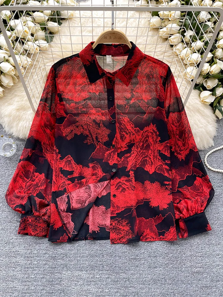 Spring Autumn Temperament Fashion Retro Chiffon Floral Blouses Print Loose Lapel Puff Sleeve Top Button Up Shirt Female A69