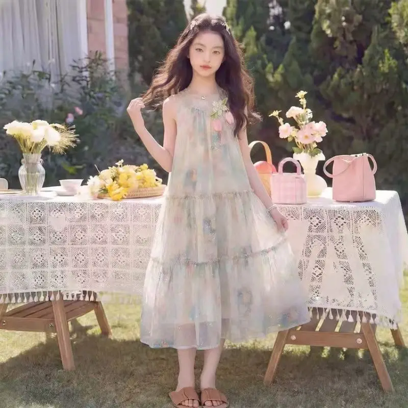 Summer Sleeveless Floral Kid Party Mesh Lace Princess Girls Mid Long Teenager Patchwork Layered Dress 4 8 10 12 14 Years 2026