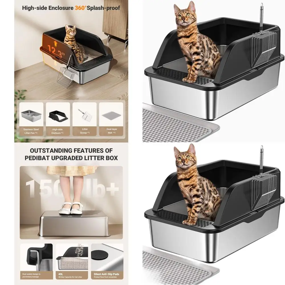 

Очень большой закрытый металлический лоток для кошек с высокими бортиками, крышкой, легкоочищаемым ковриком и совком, защита от протекания, для крупных кошек (черный)