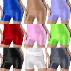 Women Mid Waist Fitness Shorts Biker Shorts for Yoga Sports Running Joggings Swimming Glossy Smooth Stretchy Leggings Pants