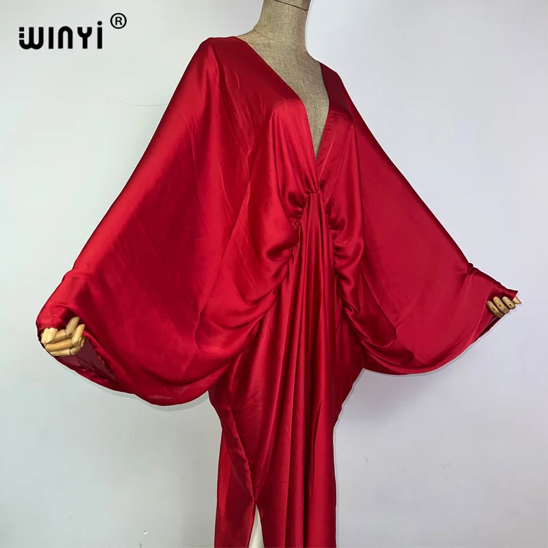 WINYI baju renang monokrom elegan baju pantai wanita baju V-neck musim panas pakaian wanita mode gaun panjang Bawah