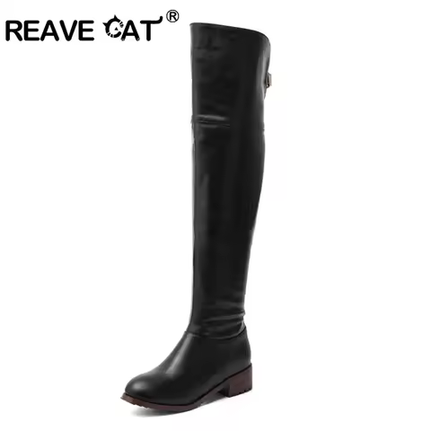 REAVE CAT Women leather boots Over The Knee Boots heels long boots black Lady shoes high quality