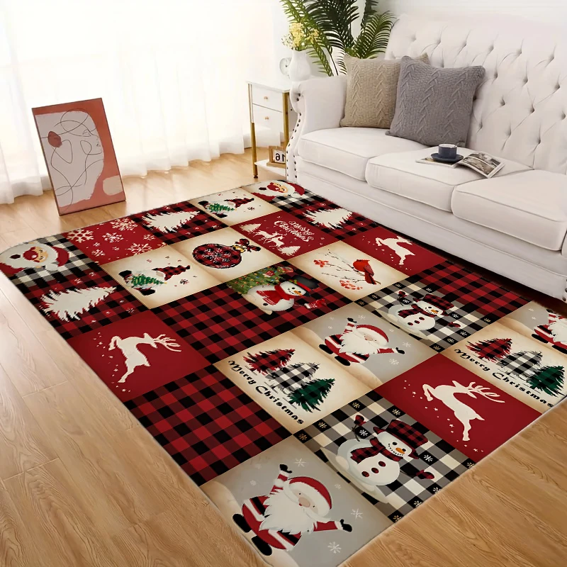 Merry Christmas Red Plaid Rug Elk Santa Snowman Xmas Tree Carpet for Home Living Room Bedroom Sofa Decor Anti-slip Floor Mat