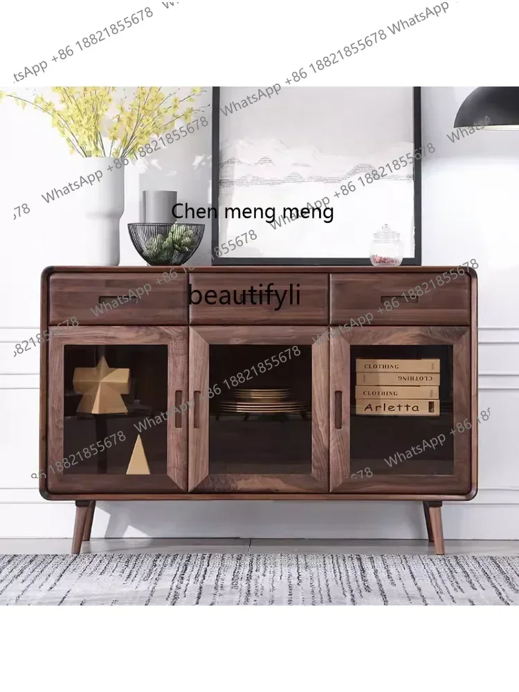 M182  Black Walnut Wood Sideboard Cabinet Wine Cabinet Integrated Nordic Solid Wood Living Room Wall Dining Room Tea Cabinet