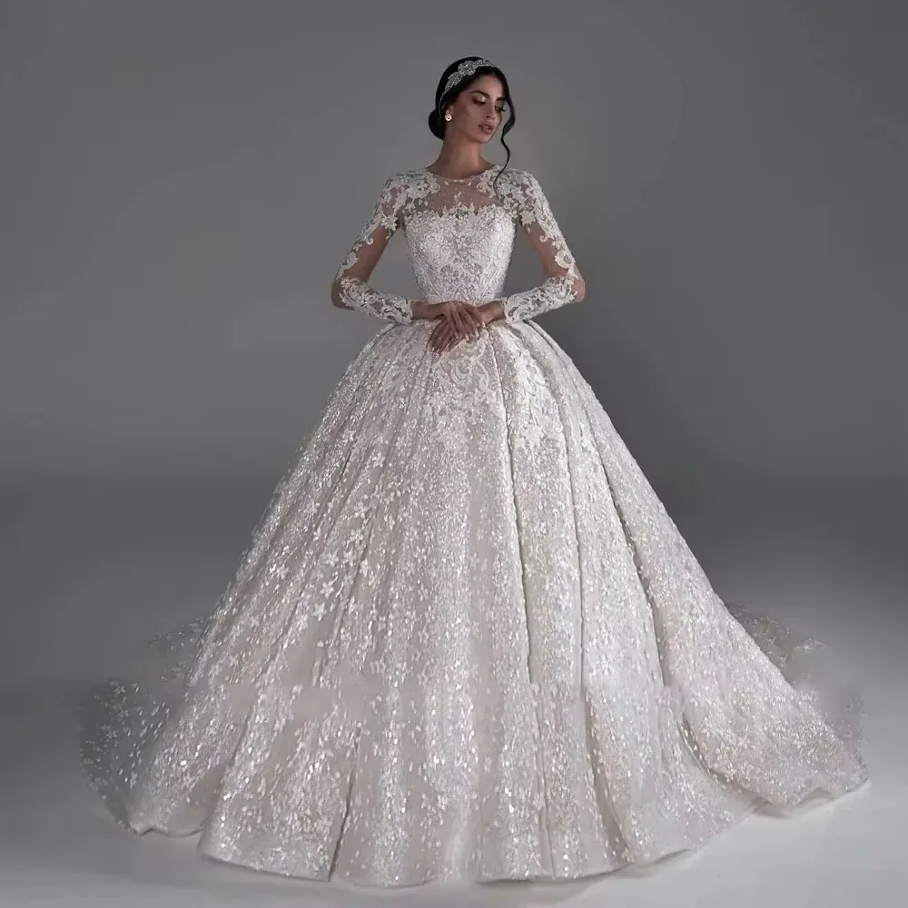 Customized Luxury Lace Appliques Wedding Dresses O-Neck Long Sleeve Ball Gown Vestidos De Novia Gorgeous Robe Mariée Dress