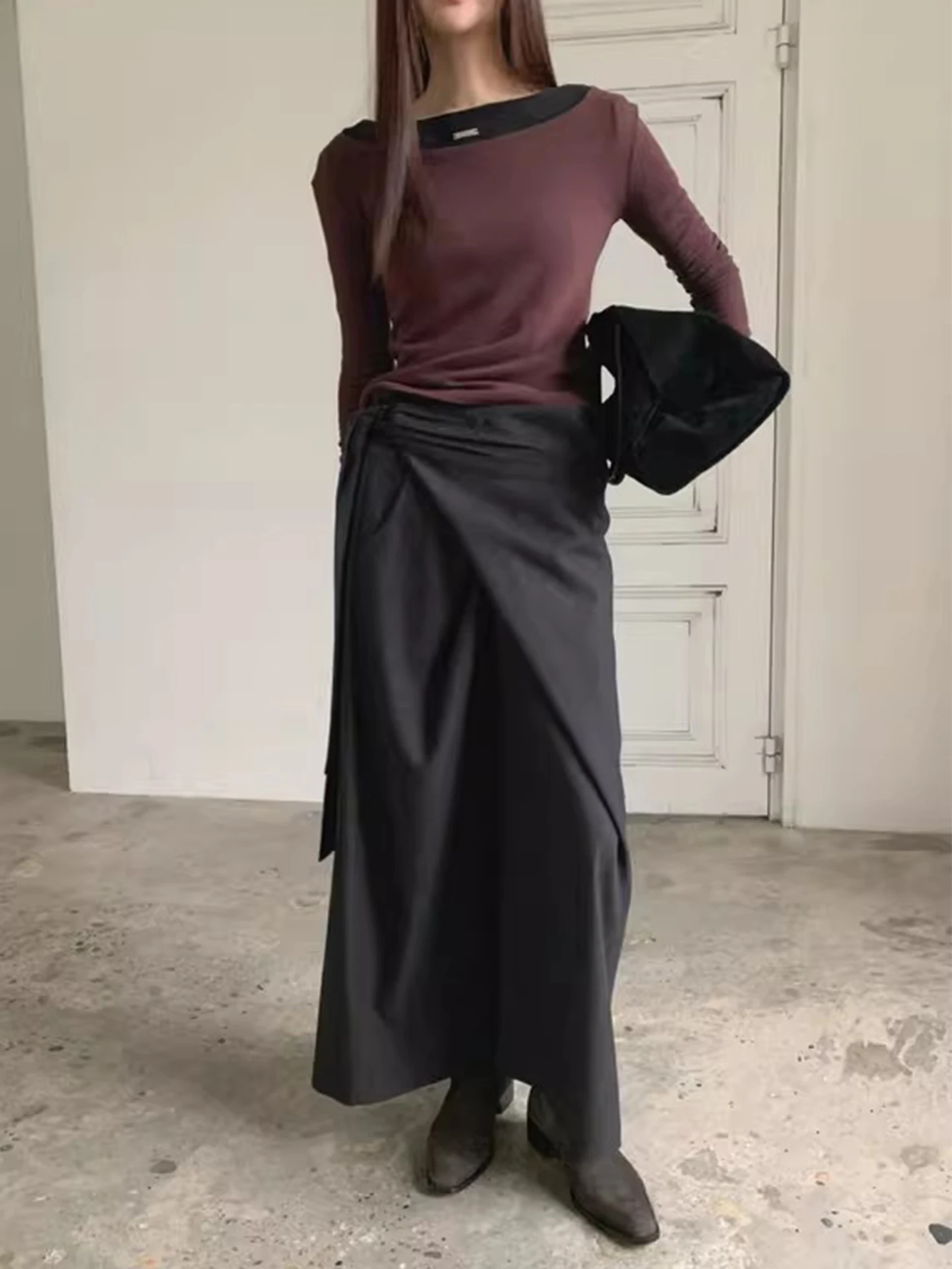 Hohe Taille Plissee Midi Rock Damen Herbst Winter Vintage Kleine ence Krawatte Gürtel Asymmetrische Schlankheitsröcke