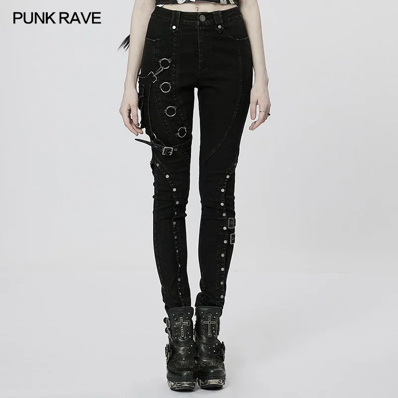 PUNK RAVE Women\'s Punk Heavy Metal Denim Pants with Detachable Leg Bag Splicing Mesh Elements Daily Black Rousers Spring/autumn