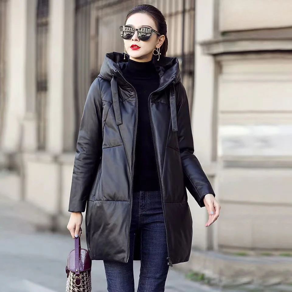 Black Cotton PU leather Jacket Women\'s 2023 Winter New Loose Hooded Coat Thicken Snow Parkas Warm Female Long Leather Overcoat