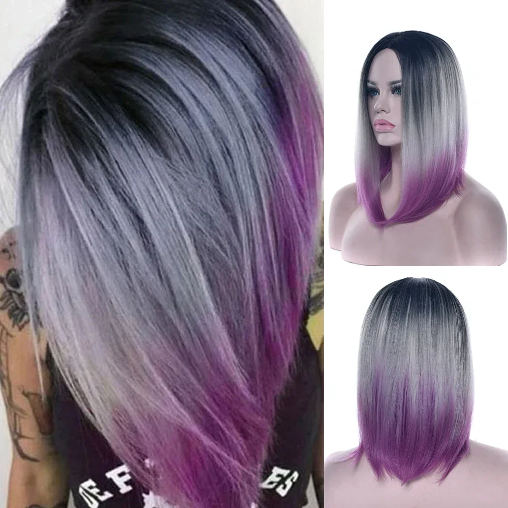 Synthetic Hair Black To Gray Purple Ombre Hair Short Bob Short Wigs for Women Straight Hair Cosplay Wig Wigs-female