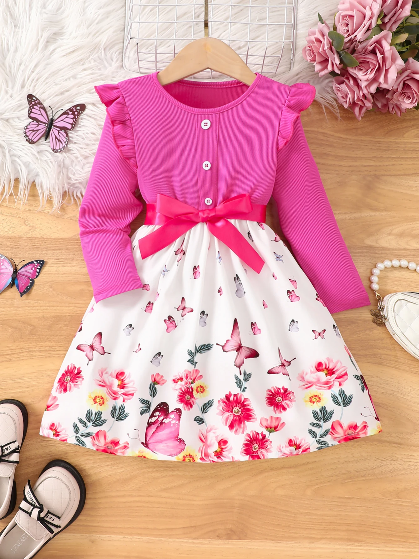 Girls' Knitted Ribbed Long-Sleeve Flutter-Sleeve Ruffle Faux Placket Front-Button Butterfly Floral Print Dress Holiday Party Gift with Ribbon