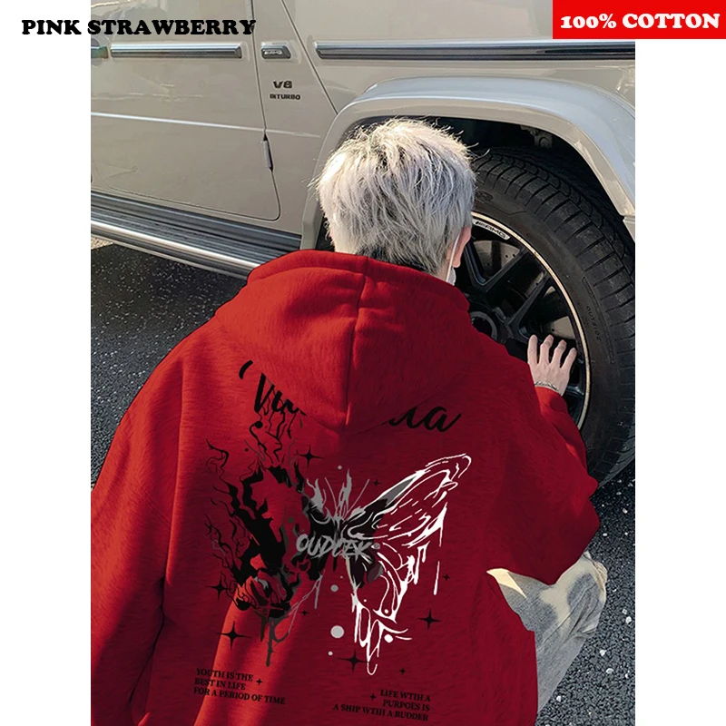 아메리칸 버터플라이 프린트 후드티 남성 가을 겨울 2025 신상 패션 스트릿 루즈 캐주얼 캥거루 파우치 Y2K 탑 남성 스웨트셔츠